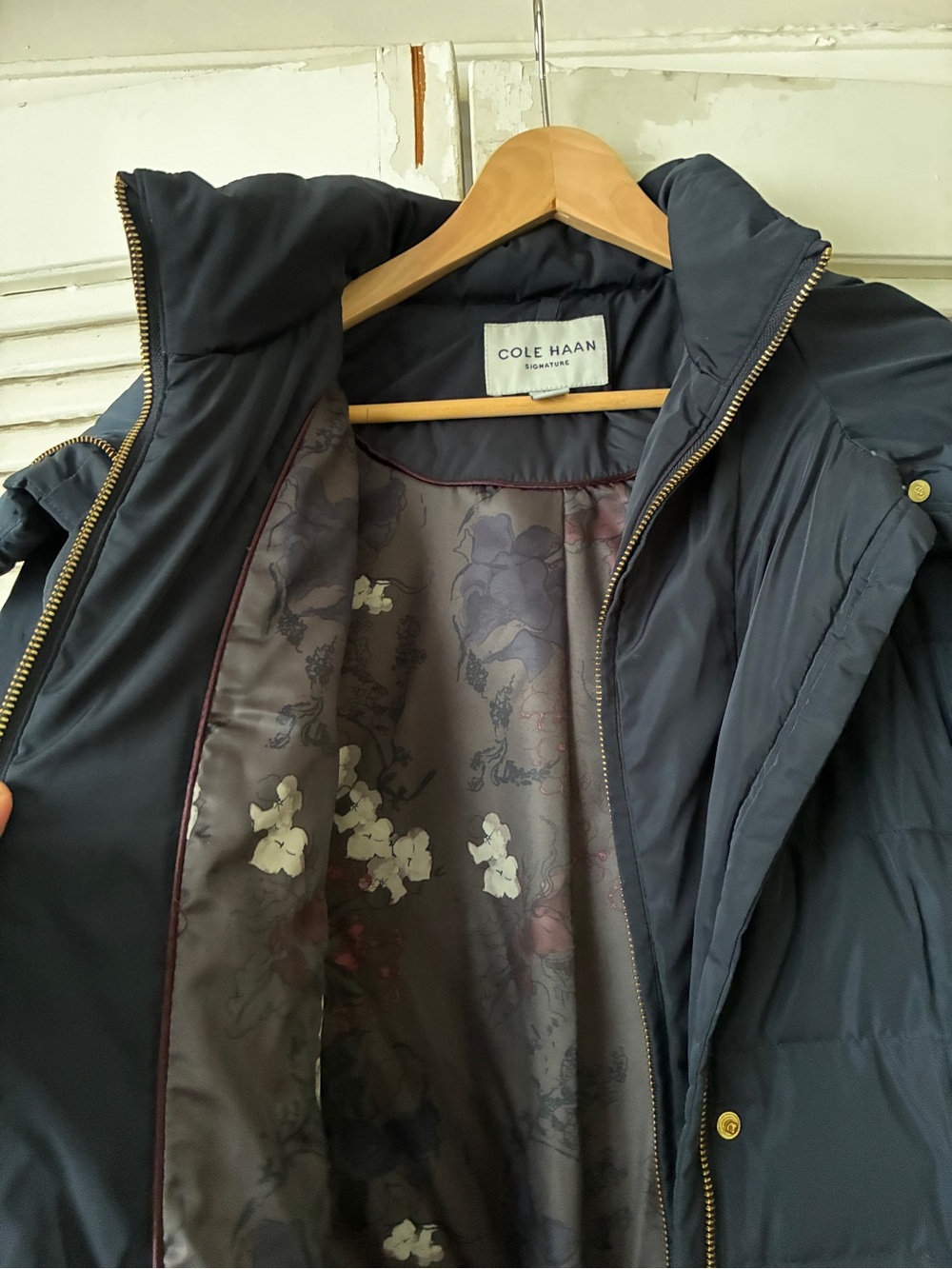 Cole Haan Navy Long Puffer Coat with Hood - Picture 2 of 4
